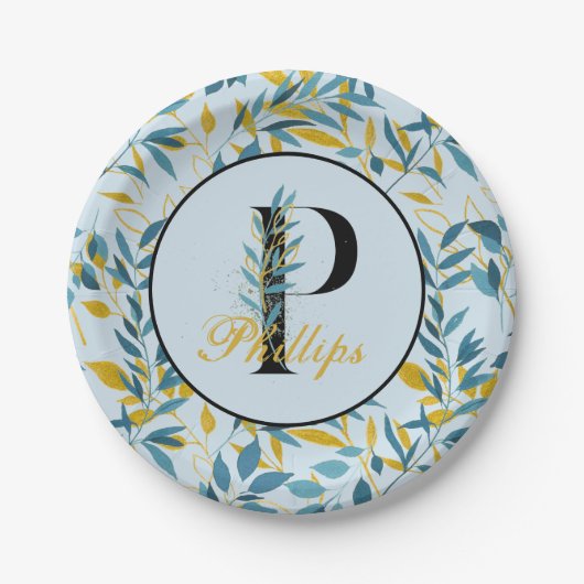 Modern Leaves Navy Gold Monogram "Letter P" Papieren Bordje (Voorkant)