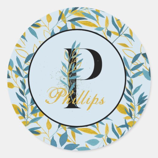 Modern Leaves Navy Gold Monogram "Letter P" Ronde Sticker (Voorkant)