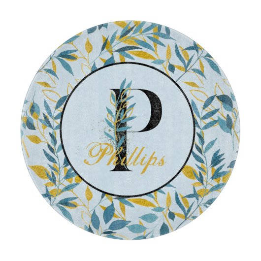 Modern Leaves Navy Gold Monogram "Letter P" Snijplank (Voorkant)