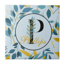 Modern Leaves Navy Gold Monogram "Letter P" Tegeltje