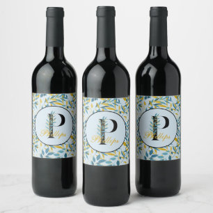 Modern Leaves Navy Gold Monogram "Letter P" Wijn Etiket