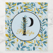 Modern Leaves Navy Gold Monogram "Letter P" Wijn Etiket (Enkel label)