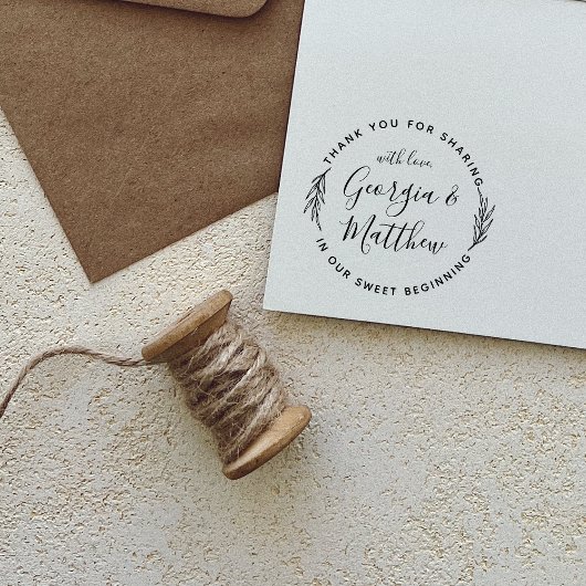 Modern Leaves Script Names Round Wedding Hartelijk Rubberstempel