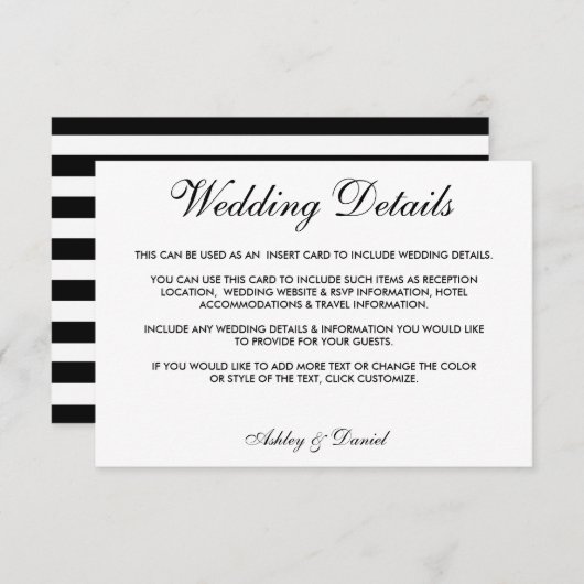 Modern legant Black & White Wedding Details S Kaart (Voorkant / Achterkant)