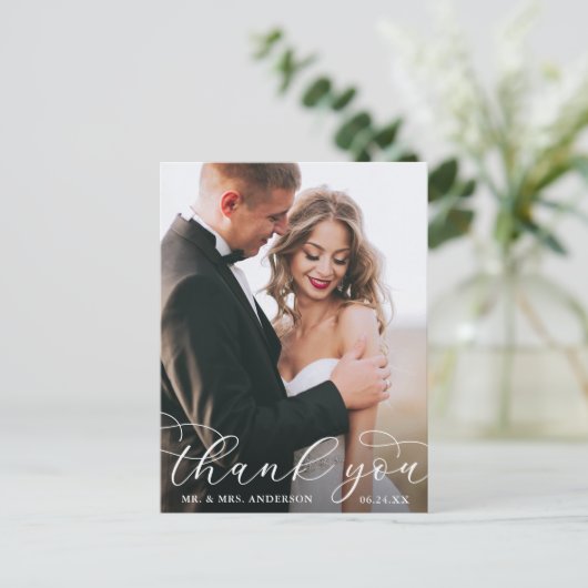Modern legant calligraphy Wedding Bedankt Foto Briefkaart (Staand voorkant)