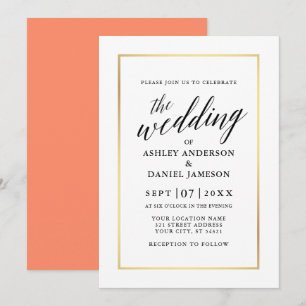 Modern legant calligraphy Wedding Coral Gold Kaart