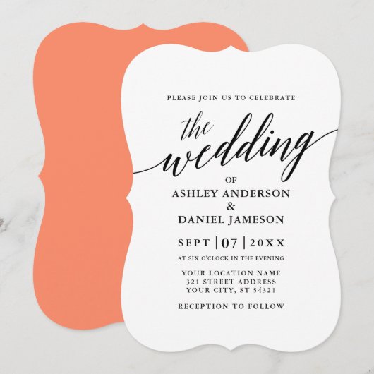 Modern legant calligraphy Wedding Coral Kaart (Voorkant / Achterkant)