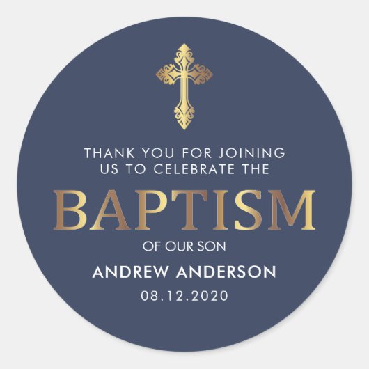 Modern legant Gold & Navy Blue Baptisme Hartelijk  Ronde Sticker (Voorkant)