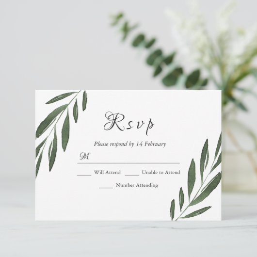 Modern legant Green Waterverf Leaf Wedding RSVP (Staand voorkant)