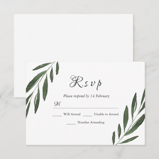 Modern legant Green Waterverf Leaf Wedding RSVP Kaartje (Voorkant / Achterkant)