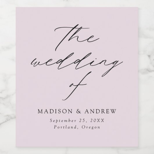 Modern legant Script Lavender Wedding Wijn Etiket (Enkel label)