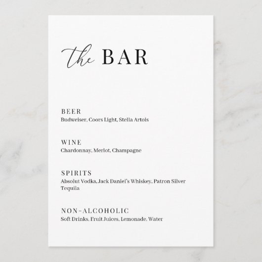 Modern legant Wedding the Bar Menu Sign (Voorkant)