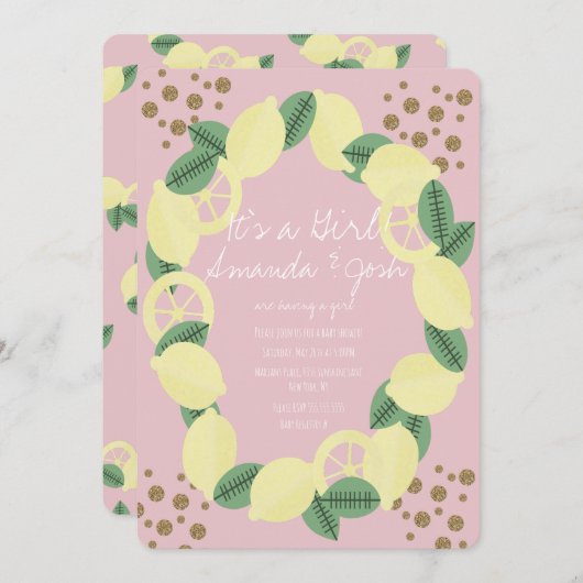 Modern Lemon Citrus Faux Glitter Stip Baby shower Kaart (Voorkant / Achterkant)