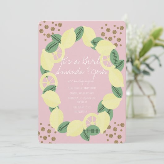 Modern Lemon Citrus Faux Glitter Stip Baby shower Kaart (Staand voorkant)