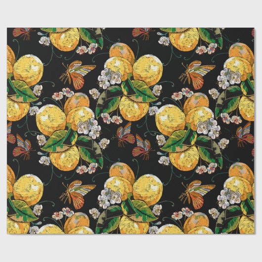 Modern Lemon Citrus Floral Butterfly Pattern Cadeaupapier (Vlak)