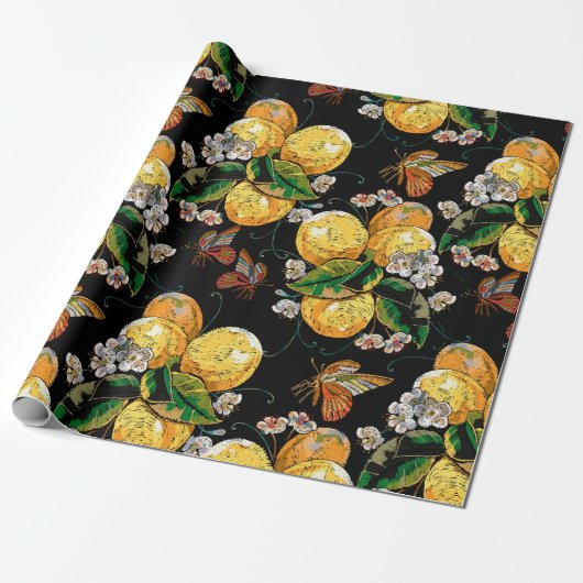Modern Lemon Citrus Floral Butterfly Pattern Cadeaupapier (Uitgerold)