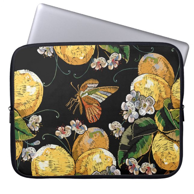 Modern Lemon Citrus Floral Butterfly Pattern Laptop Sleeve (Voorkant)