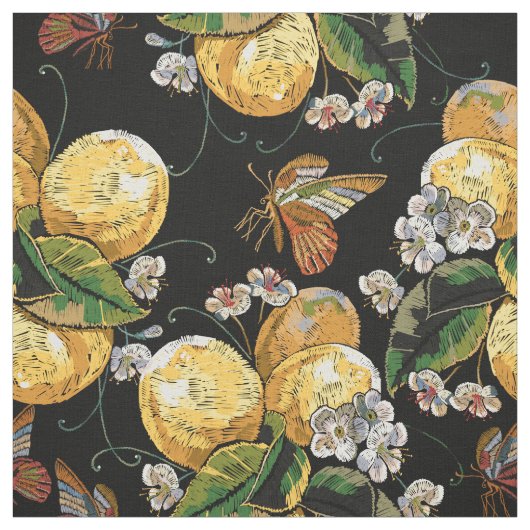 Modern Lemon Citrus Floral Butterfly Pattern Stof (Swatch)