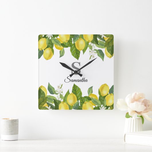 Modern Lemon Citrus Monogram Naam Vierkante Klok (Huis)