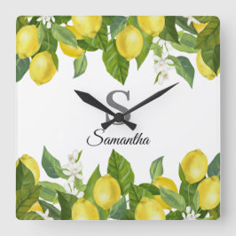 Modern Lemon Citrus Monogram Naam Vierkante Klok