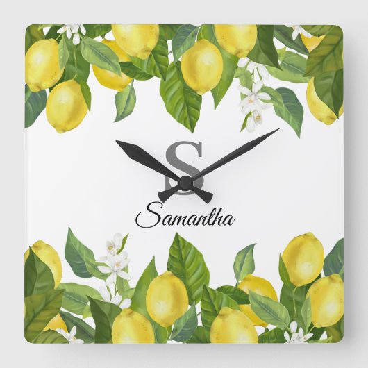 Modern Lemon Citrus Monogram Naam Vierkante Klok (Voorkant)