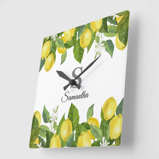 Modern Lemon Citrus Monogram Naam Vierkante Klok (Hoek)