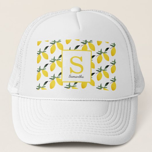 Modern Lemon Citrus Monogram Name Trucker Hat Pet (Voorkant)
