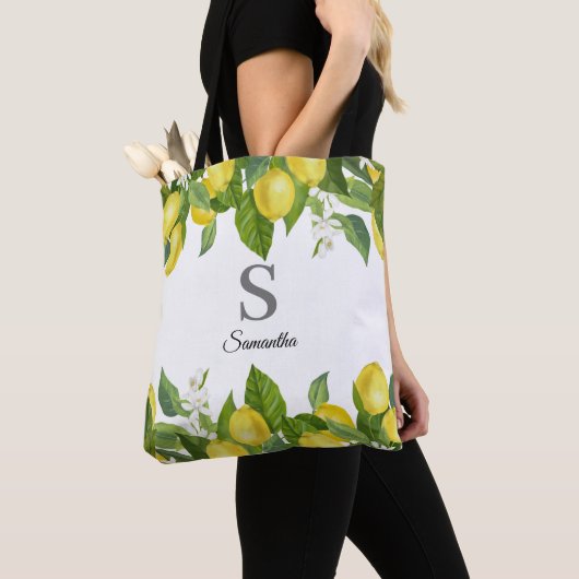Modern Lemon Citrus Monogram Tote Bag (Dichtbij)