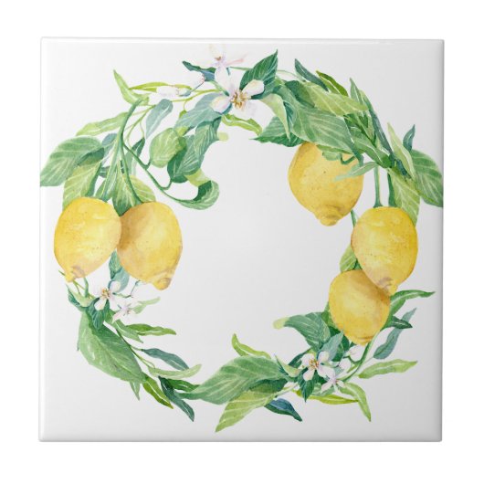 Modern Lemon Citrus Waterverf Greenery Wreath Tegeltje (Voorkant)