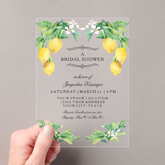 Modern Lemon Elegant Floral Blue Bridal Shower Acryl Uitnodigingen (Insitu (Draagbaar))