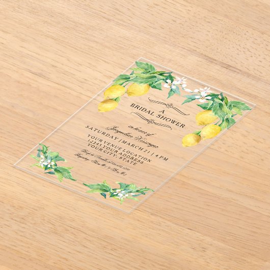 Modern Lemon Elegant Floral Blue Bridal Shower Acryl Uitnodigingen (Laagn)