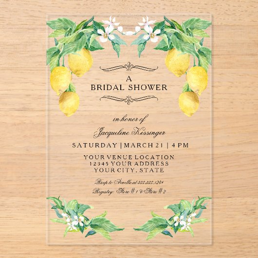 Modern Lemon Elegant Floral Blue Bridal Shower Acryl Uitnodigingen (Voorkant)