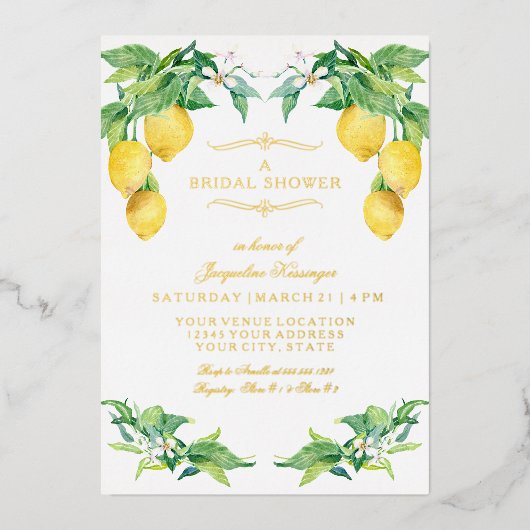 Modern Lemon Elegant Floral Gold Bridal Shower Folie Uitnodiging (Voorkant)