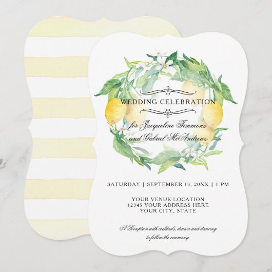 Modern Lemon Floral Citrus Foliage Wreath Wedding Kaart (Voorkant / Achterkant)