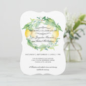 Modern Lemon Floral Citrus Foliage Wreath Wedding Kaart (Staand voorkant)