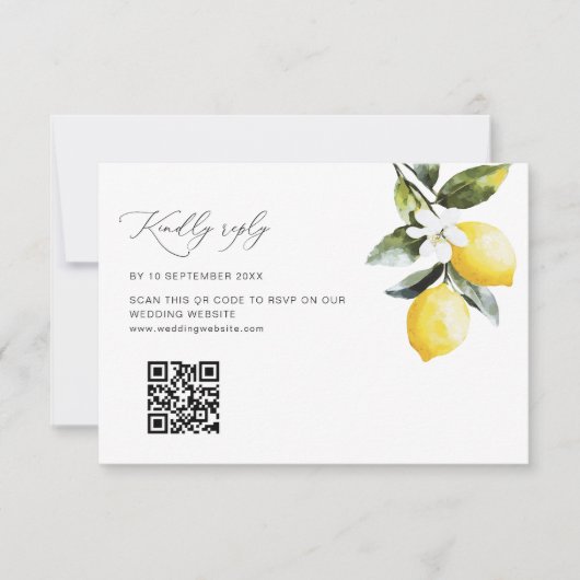 Modern Lemon Floral Wedding QR code RSVP kaart (Voorkant)