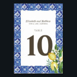 Modern Lemon Foliage Blue Mediterranean Wedding Kaart<br><div class="desc">Perfect voor ingelijste tafelkaarten. Bestaat uit serif en cursief script typografie. Dit alles tegen een waterverf achtergrond van blauw-witte mediterrane Spaanse tegels met groene bladeren,  citroenen en wilde bloemen botanicals. Dit is ontworpen door White Paper Birch Co.,  exclusief voor Zazzle. Beschikbaar op: http://www.zazzle.com/store/whitepaperbirch</div>