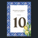 Modern Lemon Foliage Blue Mediterranean Wedding Kaart<br><div class="desc">Perfect voor ingelijste tafelkaarten. Bestaat uit serif en cursief script typografie. Dit alles tegen een waterverf achtergrond van blauw-witte mediterrane Spaanse tegels met groene bladeren,  citroenen en wilde bloemen botanicals. Dit is ontworpen door White Paper Birch Co.,  exclusief voor Zazzle. Beschikbaar op: http://www.zazzle.com/store/whitepaperbirch</div>