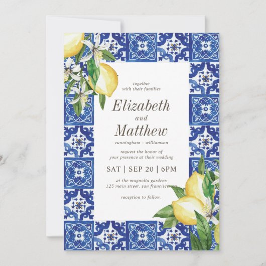 Modern Lemon Foliage Blue Mediterranean Wedding Kaart (Voorkant)