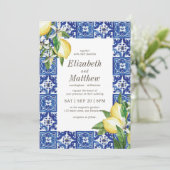 Modern Lemon Foliage Blue Mediterranean Wedding Kaart (Staand voorkant)