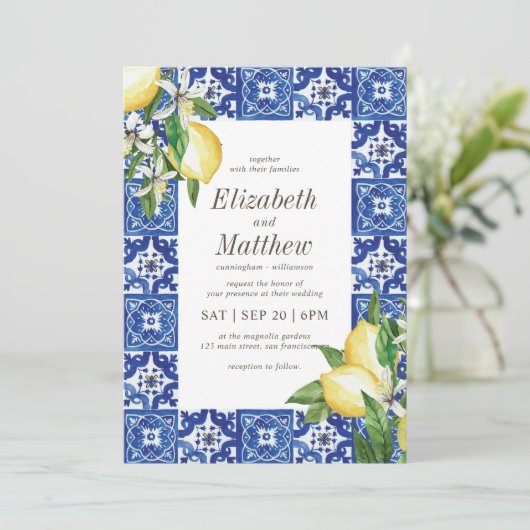 Modern Lemon Foliage Blue Mediterranean Wedding Kaart (Staand voorkant)