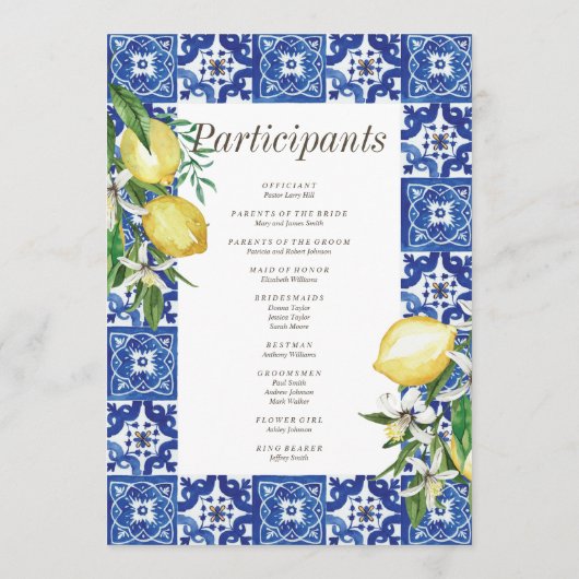 Modern Lemon Foliage Blue Mediterranean Wedding Programmakaart (Achterkant)