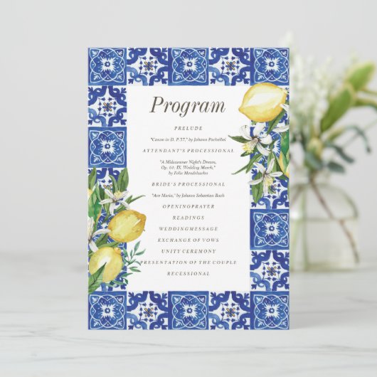 Modern Lemon Foliage Blue Mediterranean Wedding Programmakaart (Staand voorkant)