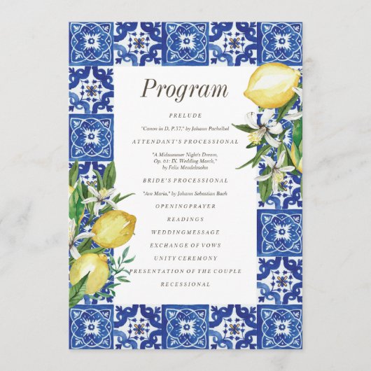 Modern Lemon Foliage Blue Mediterranean Wedding Programmakaart (Voorkant)