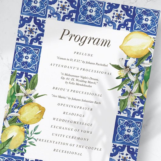 Modern Lemon Foliage Blue Mediterranean Wedding Programmakaart