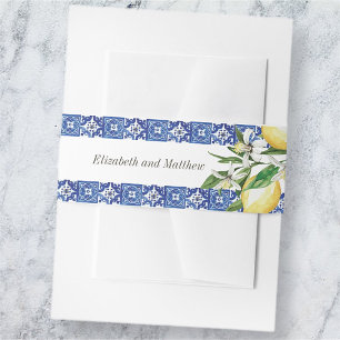 Modern Lemon Foliage Blue Mediterranean Wedding Uitnodigingen Wikkel