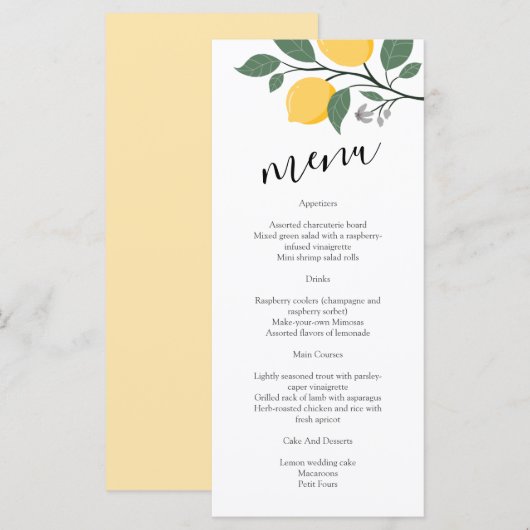 Modern Lemon Foliage Calligraphy Wedding Menu (Voorkant / Achterkant)