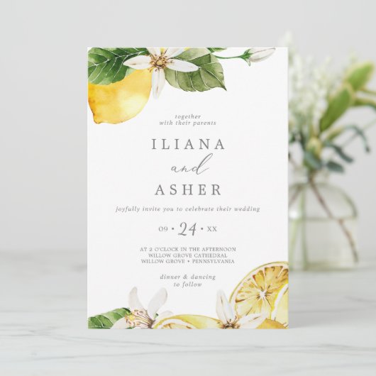 Modern Lemon Garden Casual bruiloft Kaart (Staand voorkant)