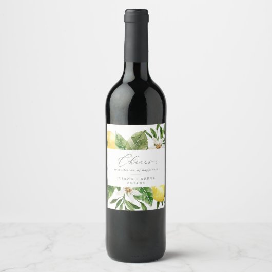 Modern Lemon Garden Cheers Wedding Wijn Etiket (Voorkant)