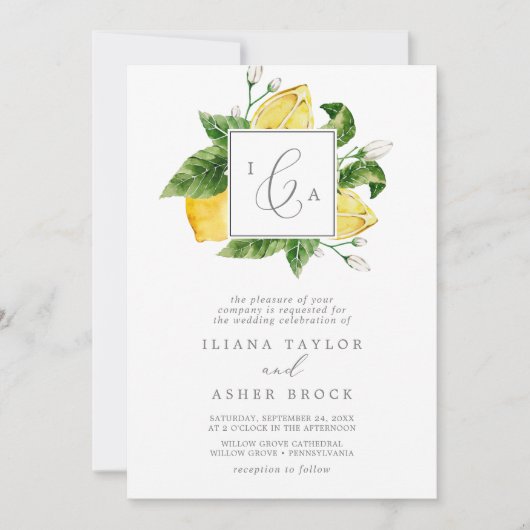 Modern Lemon Garden Formal Monogram Weddenschap Kaart (Voorkant)